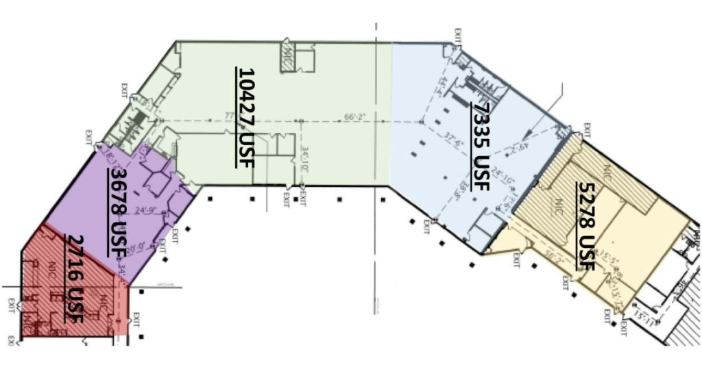 Floor plan of 3281 Armar Drive with sections color-coded and labeled by usable square footage: 7,116 USF, 3,678 USF, 10,427 USF, 7,335 USF, and 5,278 USF. Multiple exits are clearly marked.