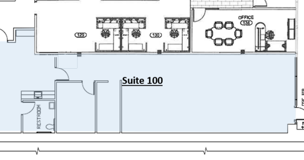 Floor plan showing Kubias Suite 100 as a large open space, adjacent to a restroom and office area with labeled rooms and a conference table.