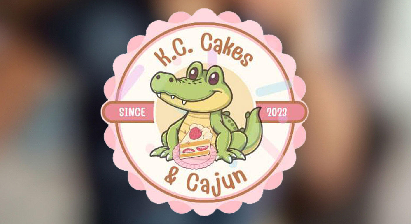 Circular logo for K.C. Cakes Cajun featuring a cartoon alligator holding a cake, with "Since 2023" on the sides in pink and cream colors, celebrating KC Cakes’ sweet Cajun flair in Downtown Cedar Rapids.