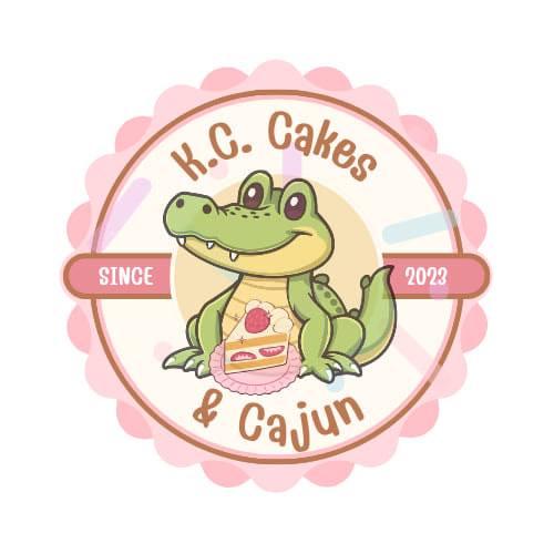 Logo for KC Cakes Cajun in Cedar Rapids showing a smiling cartoon alligator holding a cake, with text Since 2023 in a circular pink design.