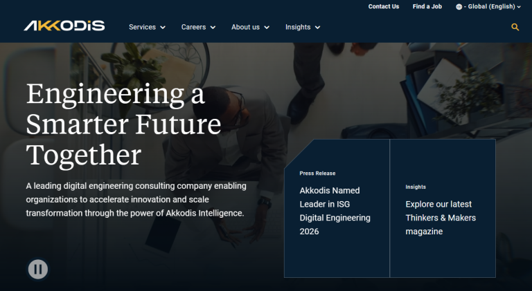 Homepage of Akkodis featuring the slogan Engineering a Smarter Future Together, intuitive navigation menus, and highlighted news in the Tenant Spotlight section, showcasing industry leadership and digital engineering insights.
