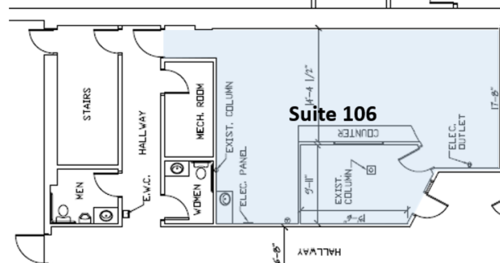 Floor plan of Suite 106, designed by Kubias, showing entry from a hallway, nearby restrooms, mechanical room, and electrical panels, with counters and columns labeled within the suite.